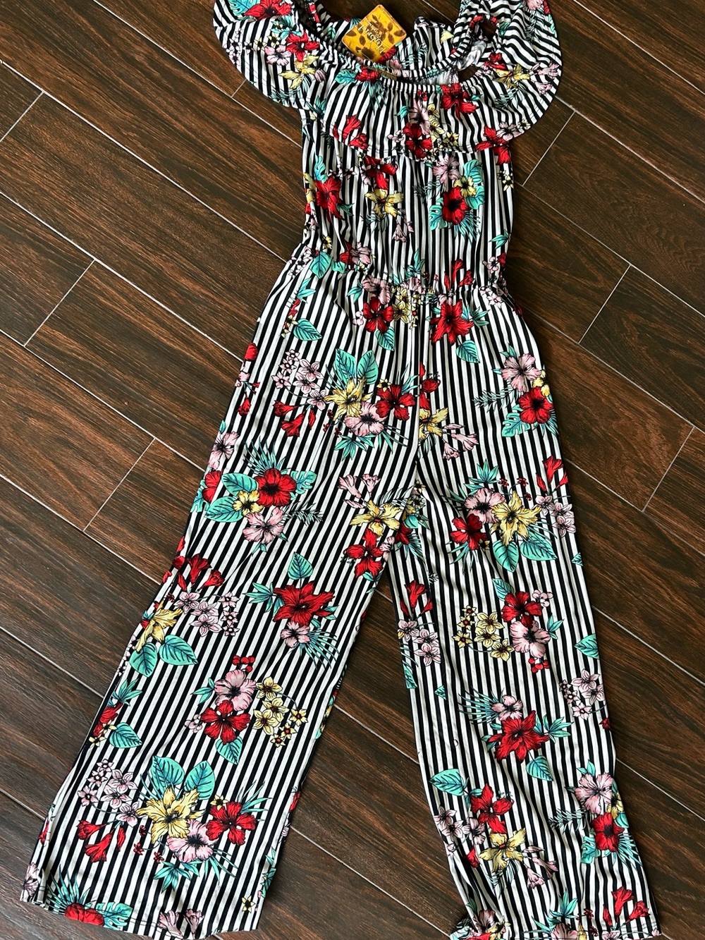 Striped Floral Wide-Leg Jumpsuit with Ruffle Neck Size Medium